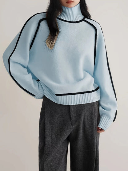 Elegant Raglan Sleeve Mock Neck Sweater - Contrast Piping Ribbed Knit Base Layer Top