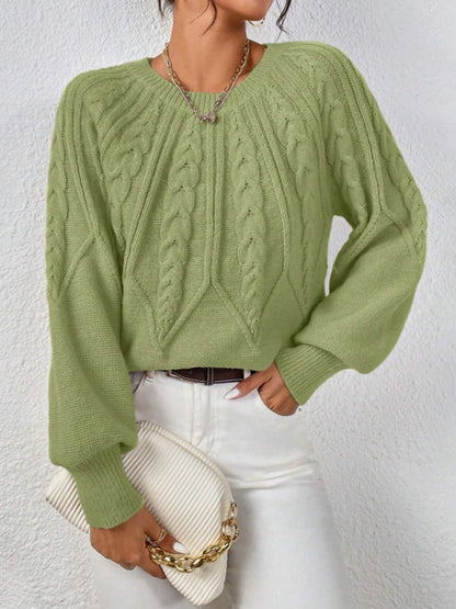 Women's Cable Knit Pullover Sweater | Casual Round Neck Long Sleeve Ribbed Jumper Top