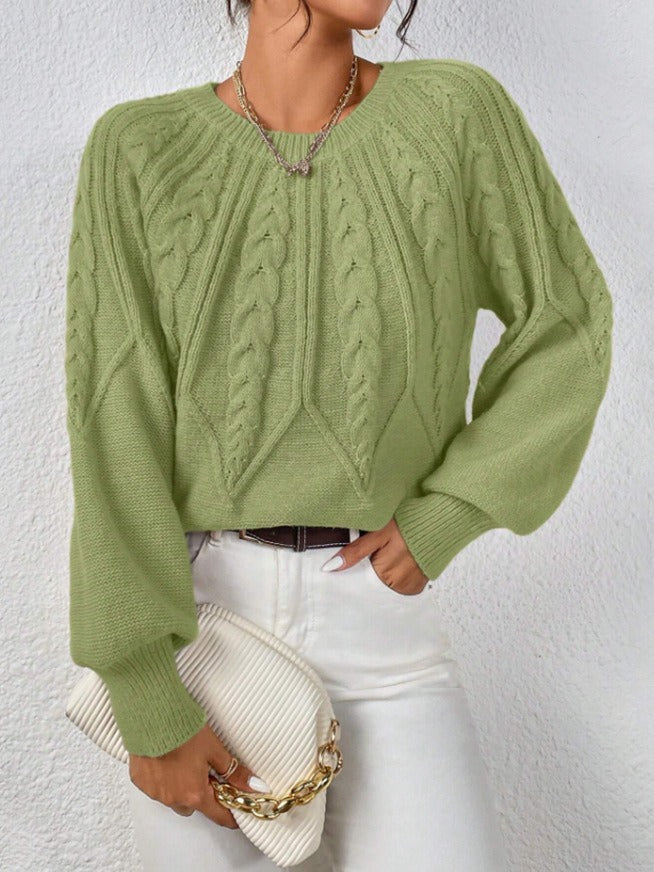 Women's Cable Knit Pullover Sweater | Casual Round Neck Long Sleeve Ribbed Jumper Top