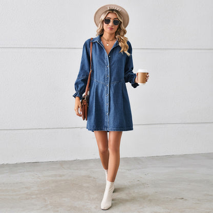 Women's Loose Washed Denim Mini Dress | Long Sleeve Ruffle Cuff Pleated Jean Dress