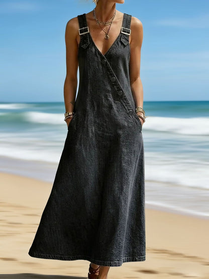 Vintage French Style Denim Pinafore Dress for Women - Elegant Loose Fit Beach Vacation Sundress