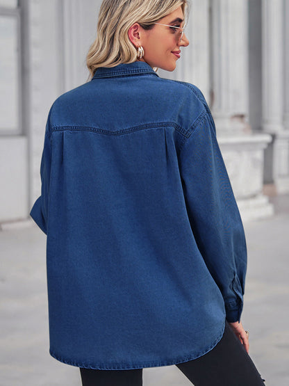 Women's Classic Washed Denim Shirt | Casual Long Sleeve Button Down Jean Blouse