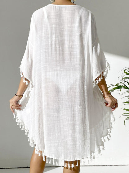 PromiseGift Caftan bohème en crochet et dentelle - Cache-maillot de plage blanc à pompons