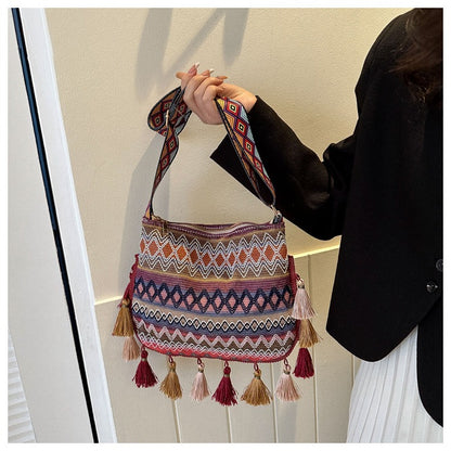 Bohemian Tribal Knit Crossbody Bag - Vintage Geometric Beach Shoulder Purse with Layered Tassels