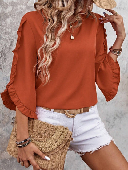 Solid Crew Neck Ruffle Blouse | Loose Fit 3/4 Asymmetric Flounce Sleeve Casual Elegant Top
