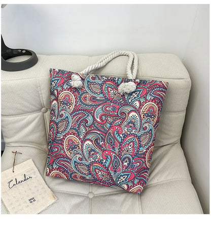 Bohemian Paisley Print Canvas Beach Tote Bag - Large Capacity Summer Vacation Travel Handbag with Rope Handles