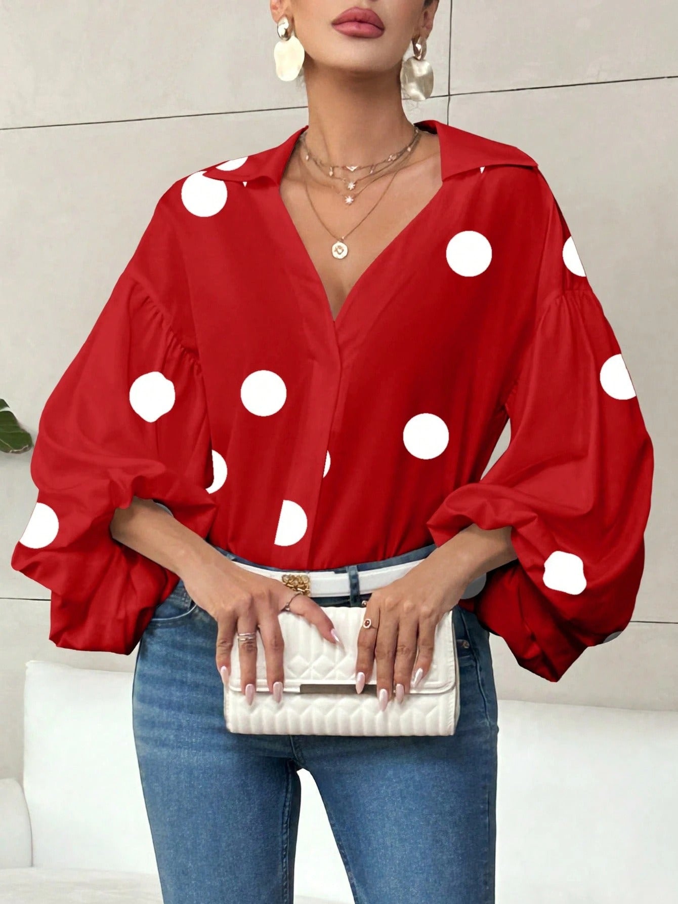 Polka Dot V-Neck Lantern Sleeve Blouse | Loose Fit Elegant Casual Pleated Shirt Top