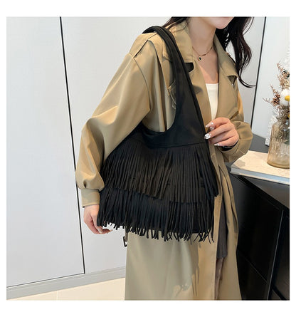Bohemian Faux Suede Fringe Hobo Bag - Vintage Western Multi-Layer Tassel Large Capacity Shoulder Tote Purse