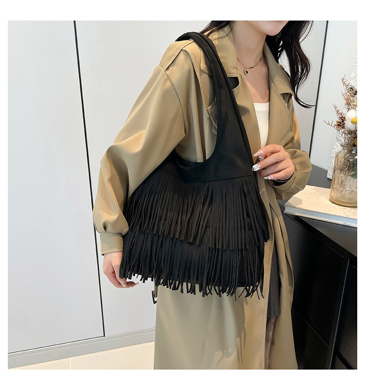 Bohemian Faux Suede Fringe Hobo Bag - Vintage Western Multi-Layer Tassel Large Capacity Shoulder Tote Purse