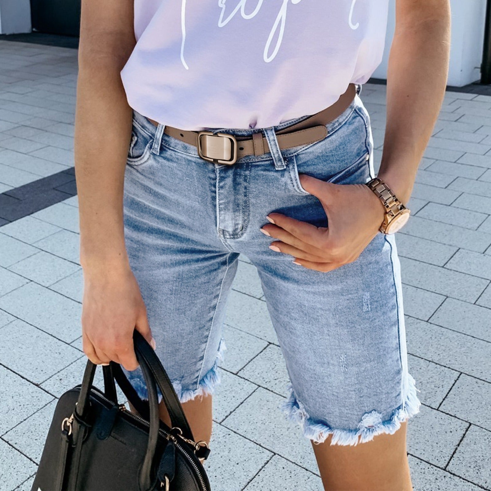 Women’s High Waist Distressed Denim Bermuda Shorts with Frayed Raw Hem