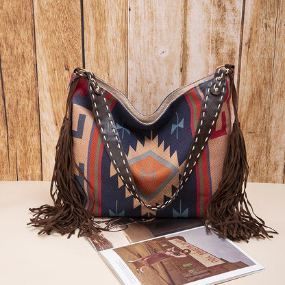 Vintage Southwestern Aztec Woven Shoulder Bag - Handmade Tribal Large Capacity Boho Tote with Leather Fringe