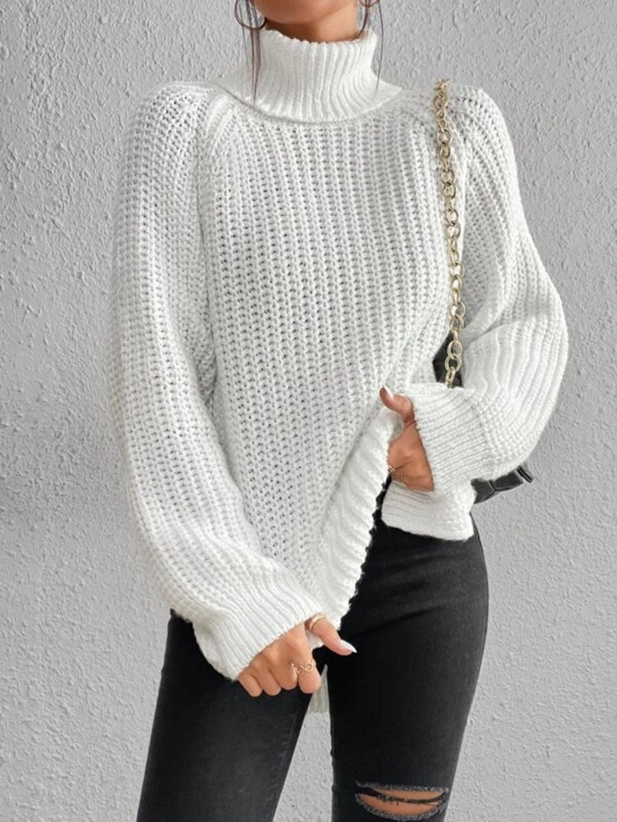 Women's Turtle Neck Ribbed Knit Sweater | Casual Long Sleeve Side Split Tunic Gown