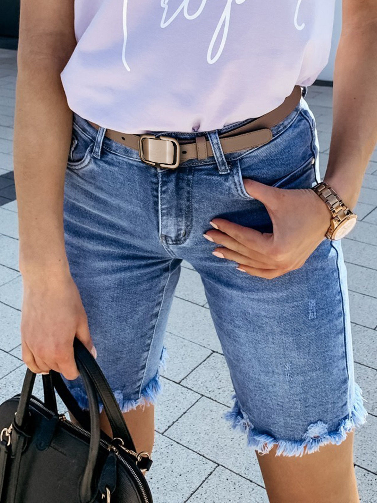 Women’s High Waist Distressed Denim Bermuda Shorts with Frayed Raw Hem