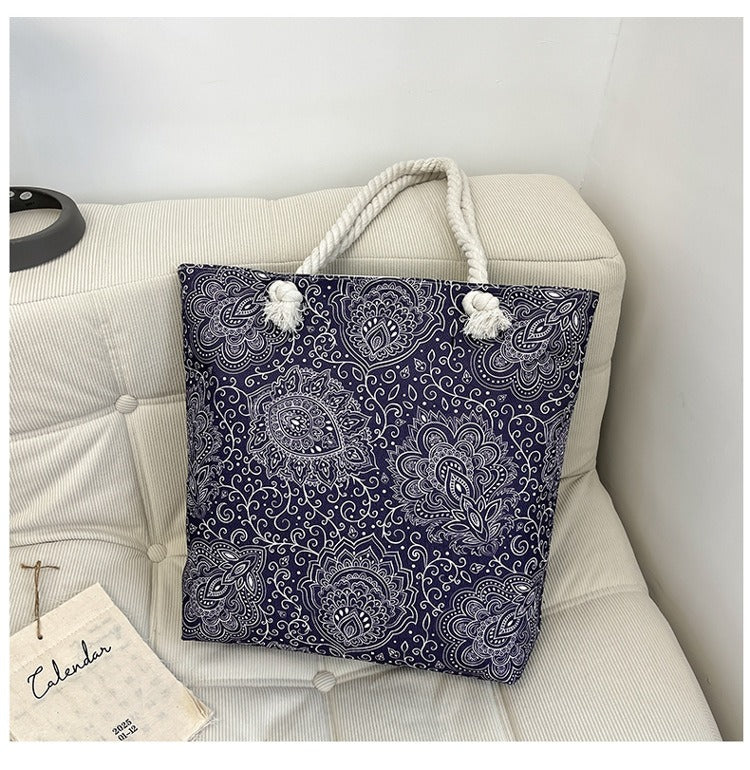 Bohemian Paisley Print Canvas Beach Tote Bag - Large Capacity Summer Vacation Travel Handbag with Rope Handles