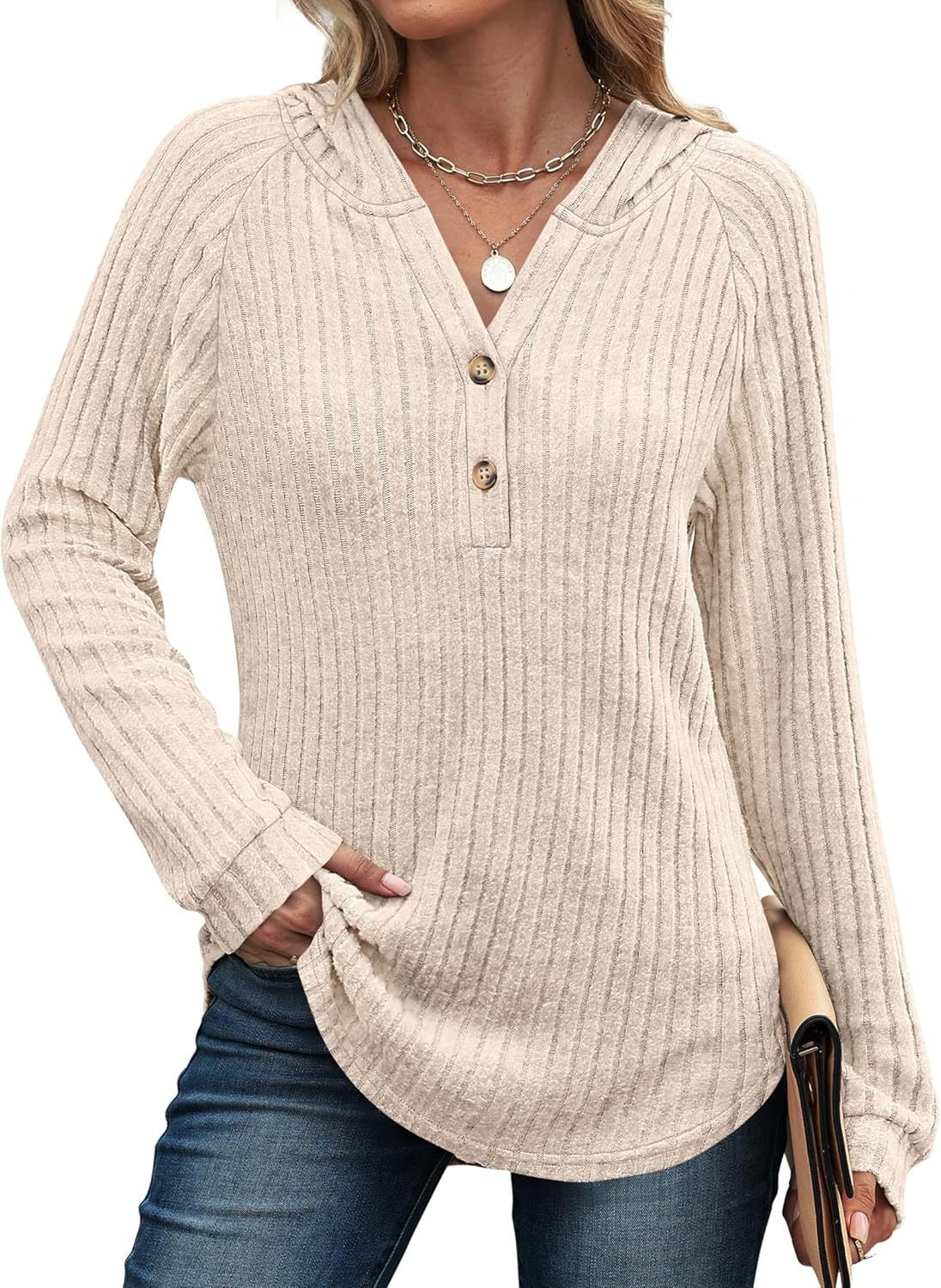 Women's Loose Fit Soft Knit Hooded Sweatshirt with Henley Buttons