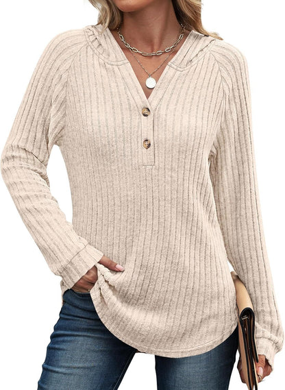 Women's Loose Fit Soft Knit Hooded Sweatshirt with Henley Buttons