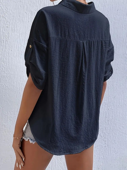Casual Linen Blend Button-Down Shirt - Loose Fit Roll-Up Sleeve Blouse with Pockets