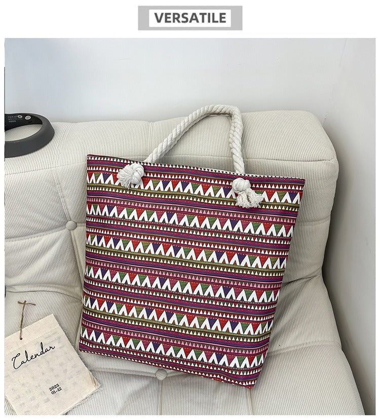 Bohemian Paisley Print Canvas Beach Tote Bag - Large Capacity Summer Vacation Travel Handbag with Rope Handles