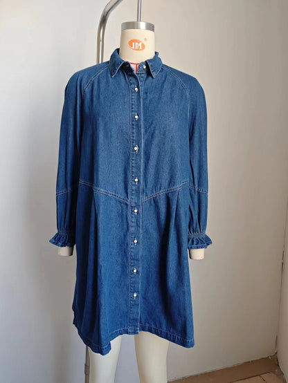 Women's Loose Washed Denim Mini Dress | Long Sleeve Ruffle Cuff Pleated Jean Dress
