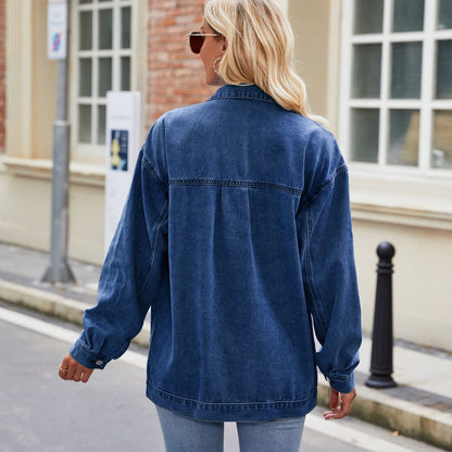 Classic Denim Shacket for Women - Retro Button-Down Long Sleeve Outerwear Jacket