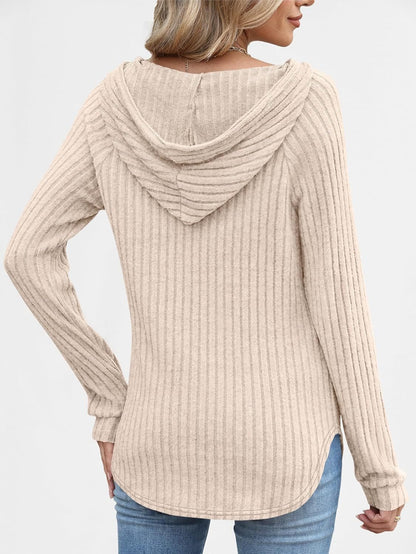 Women's Loose Fit Soft Knit Hooded Sweatshirt with Henley Buttons