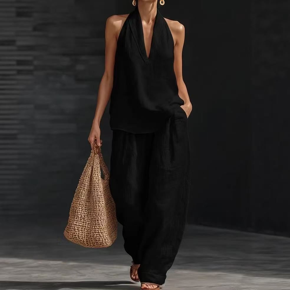 Ensembles deux pièces en mélange de lin pour femmes – Haut court licou sexy à col en V profond et pantalon large lanterne, ensemble coordonné décontracté pour les vacances d'été