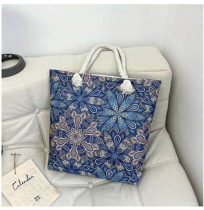 Bohemian Paisley Print Canvas Beach Tote Bag - Large Capacity Summer Vacation Travel Handbag with Rope Handles