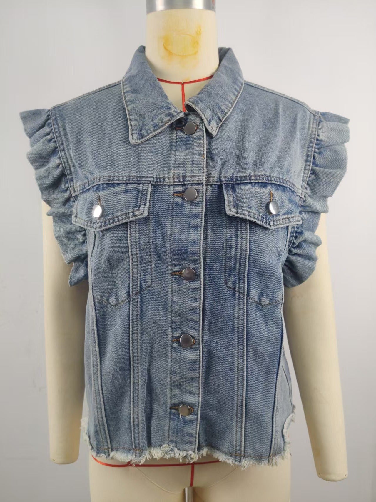 Women’s Washed Ruffle Trim Sleeveless Denim Vest with Turn-Down Collar