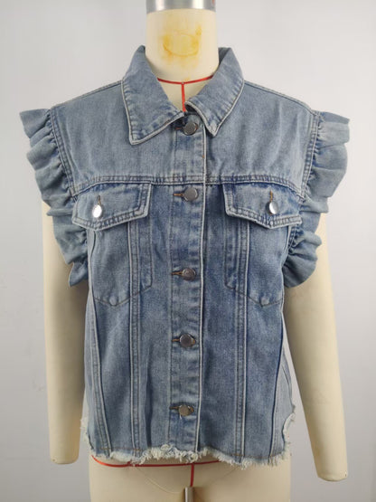 Women’s Washed Ruffle Trim Sleeveless Denim Vest with Turn-Down Collar