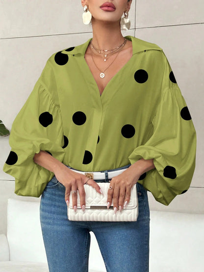 Polka Dot V-Neck Lantern Sleeve Blouse | Loose Fit Elegant Casual Pleated Shirt Top