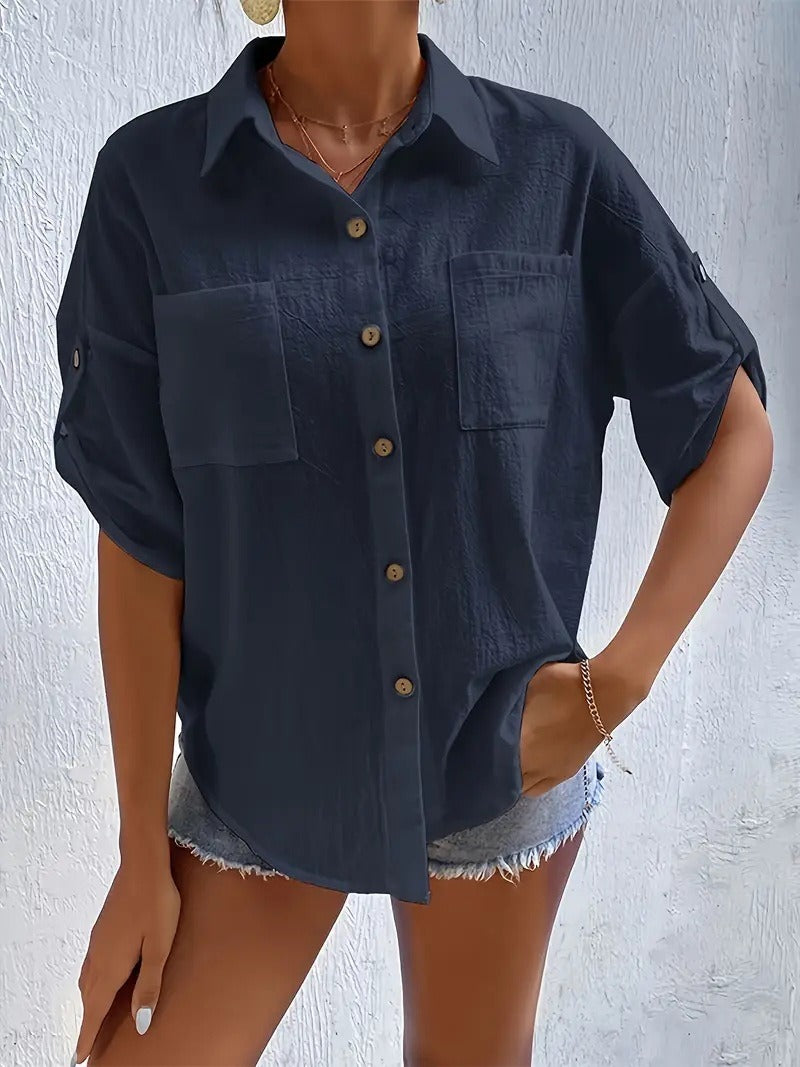 Casual Linen Blend Button-Down Shirt - Loose Fit Roll-Up Sleeve Blouse with Pockets