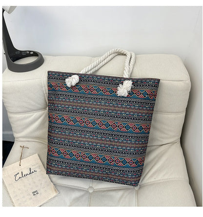 Bohemian Paisley Print Canvas Beach Tote Bag - Large Capacity Summer Vacation Travel Handbag with Rope Handles