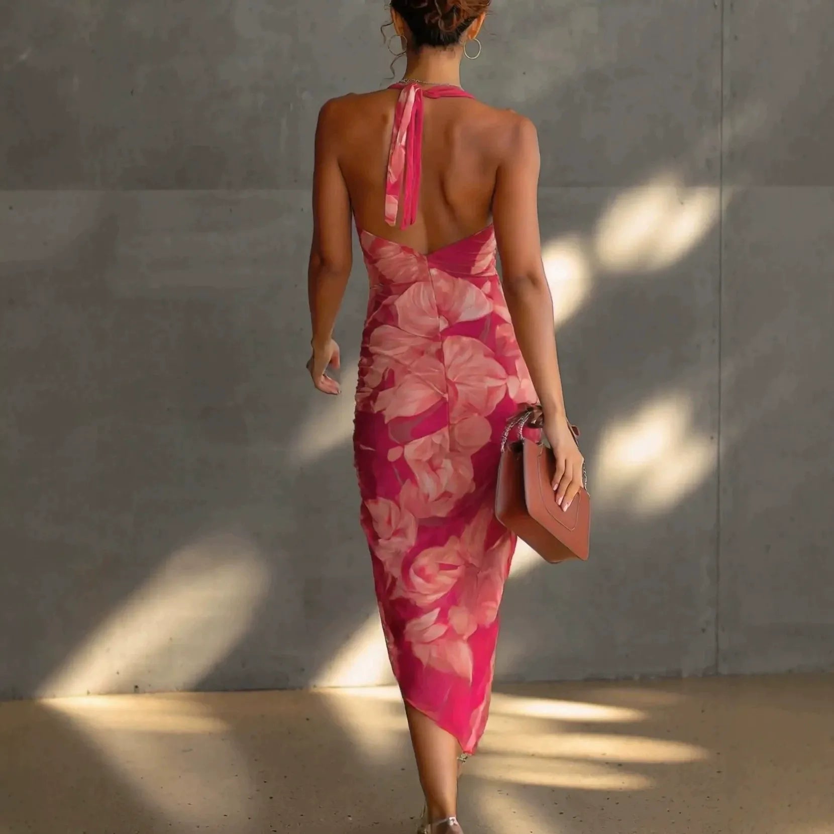Backless Floral Print Slip Dress with Drawstring Ruched Detail & Side Slit
