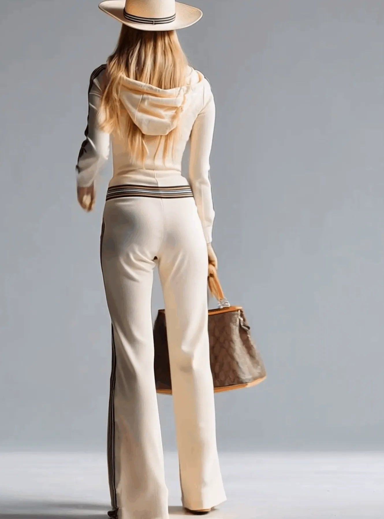 Retro Sporty Vacation Hooded Zipper V-neck Off-white Knitted Jumpsuit
