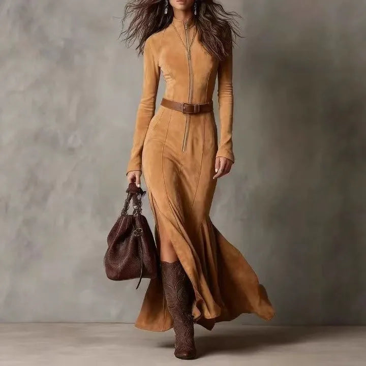 Faux Suede Long Dress | Elegant High Waist Mermaid Hem Dress with Belt