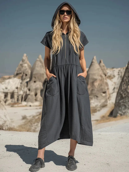Women's Hooded Maxi Dress - Casual Short Sleeve Zipper Loose Long Dress