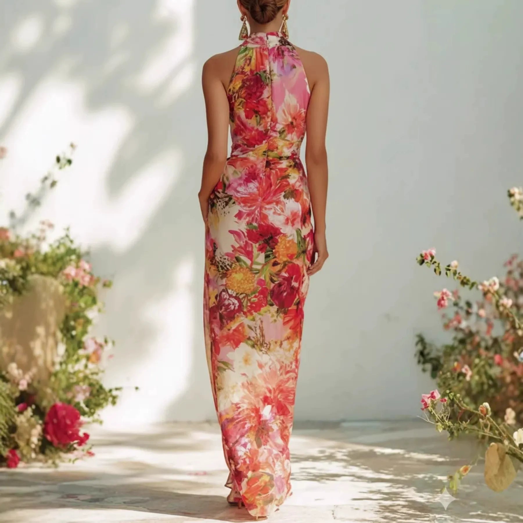 Italian Garden Style Floral Long Dress | Luxury High Waist Flowy Resort Maxi Dress