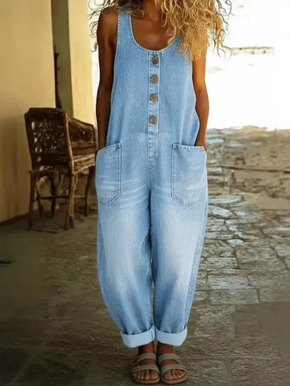 Vintage Washed Denim Scoop Neck Jumpsuit for Women - Loose Fit Harem Overalls with Pockets
