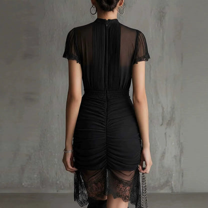 Promise Gift Women's Black Mesh Mini Dress - Sexy Mock Neck Ruched Slit Dress