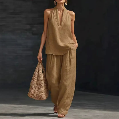 Ensembles deux pièces en mélange de lin pour femmes – Haut court licou sexy à col en V profond et pantalon large lanterne, ensemble coordonné décontracté pour les vacances d'été