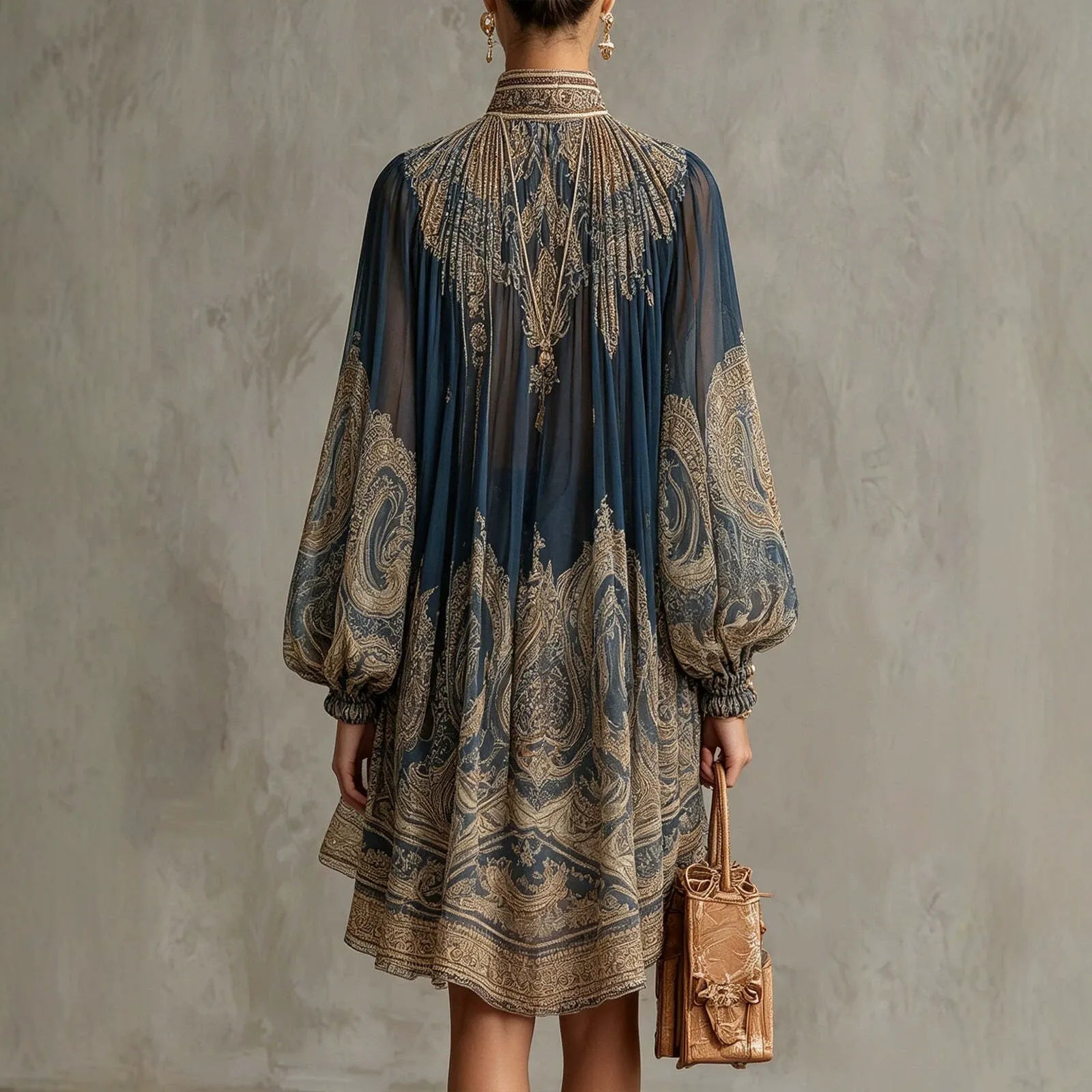 Mini-robe fluide en mousseline imprimé baroque pour femme - Col montant