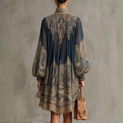 Mini-robe fluide en mousseline imprimé baroque pour femme - Col montant