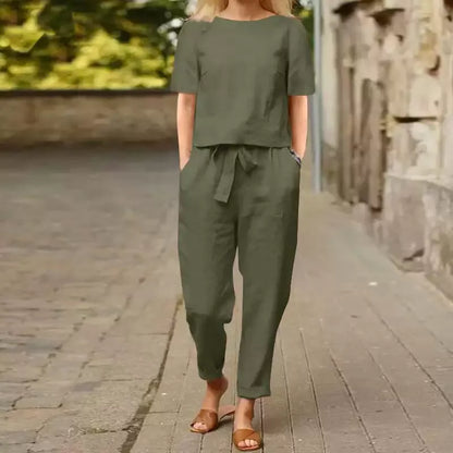 Ensemble assorti d'été minimaliste beige pour femme – Tunique chic en coton et lin et pantalon sarouel ceinturé, tenue 2 pièces légère pour le quotidien