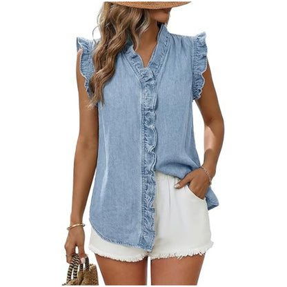 Women's Ruffle Sleeveless Denim Shirt | Casual Washed Blue Jean Tank Top with Frill Trim V-Neck