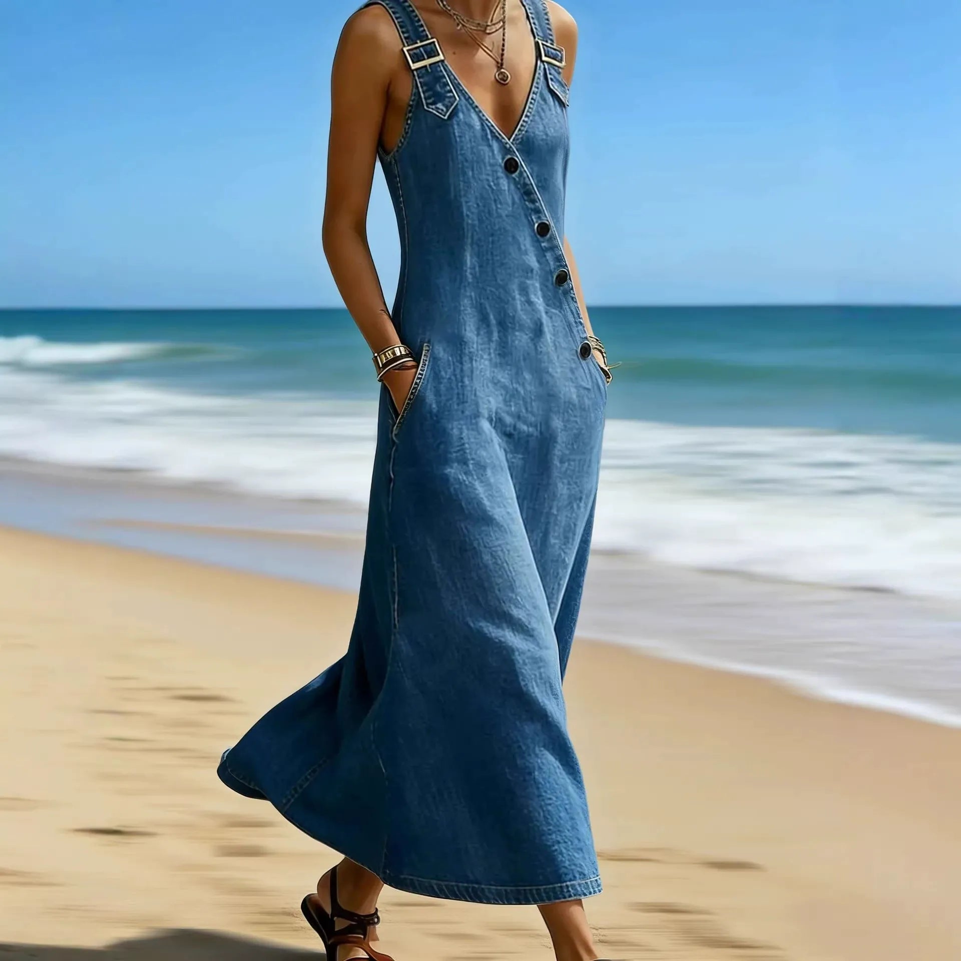Vintage French Style Denim Pinafore Dress for Women - Elegant Loose Fit Beach Vacation Sundress
