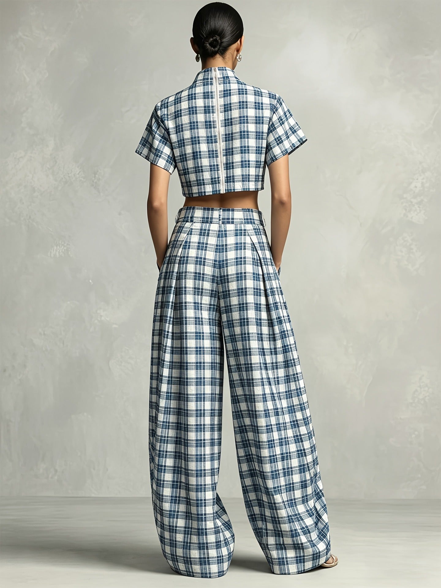 Architectural Plaid Co-ord Set | Mock-Neck Crop Top & Lantern Pants
