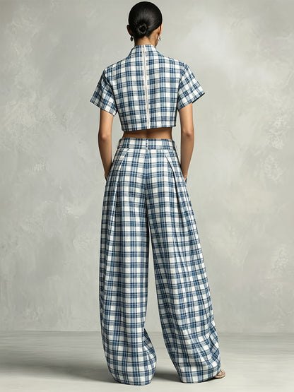 Architectural Plaid Co-ord Set | Mock-Neck Crop Top & Lantern Pants