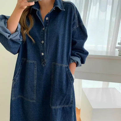 Women's Oversized Denim Shirt Dress | Casual Long Sleeve Washed Jean Side Split Maxi Gown