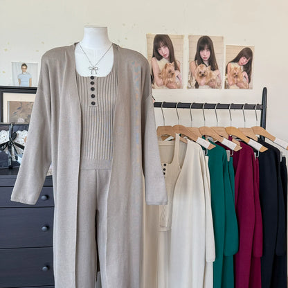 Ribbed Slimming Knit 3-Piece Set | Open Front Long Cardigan Button Square Neck Cami & Wide Leg Pants Suit