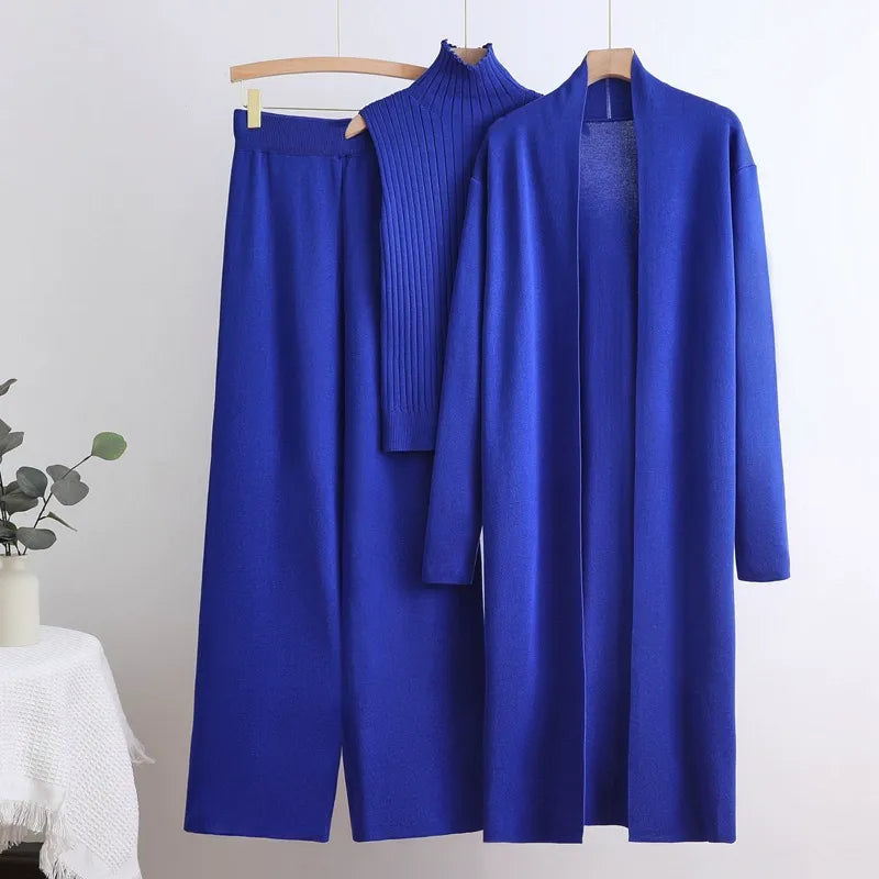 Mercerized Cotton Knit 3-Piece Set | Sleeveless Mock Neck Sweater Open Front Cardigan & Wide Leg Pants Suit